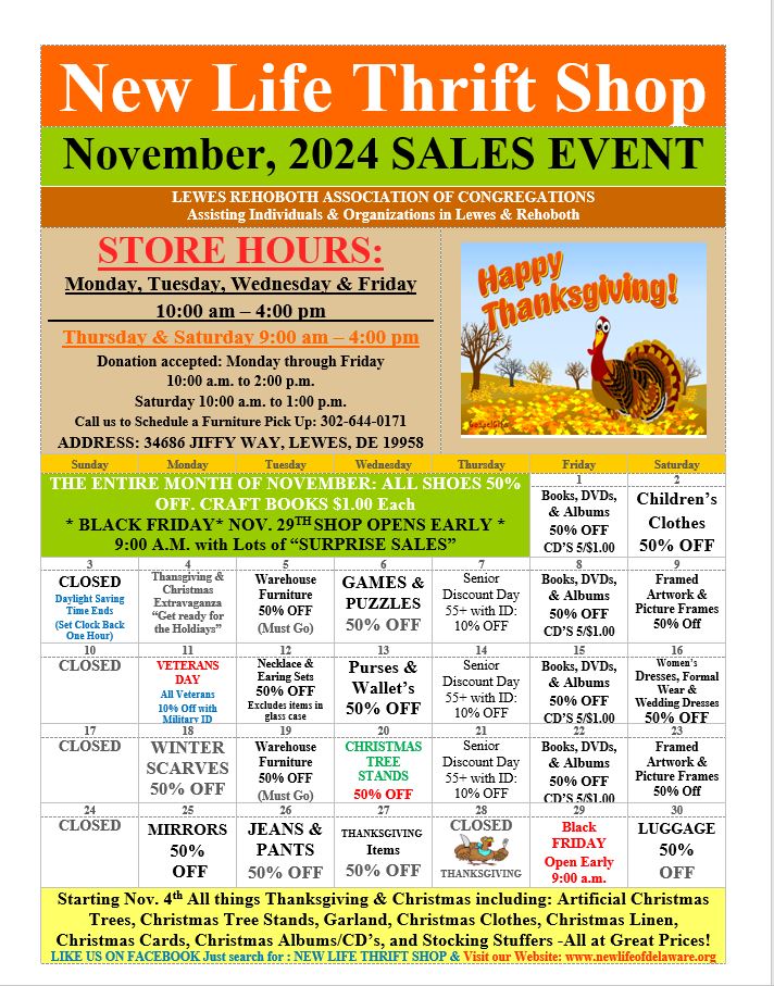 New Life Thrift Shops Nov. 2024 Sales Calendar